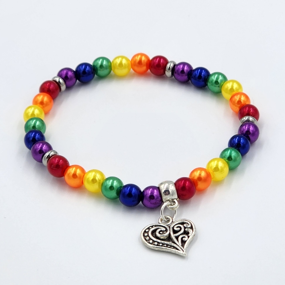 Pride Rainbow Love Heart Pearl Beaded Stretch Bracelet Handmade
